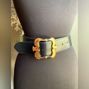 Vintage Neiman Marcus navy blue gold buckle wide belt, size small
